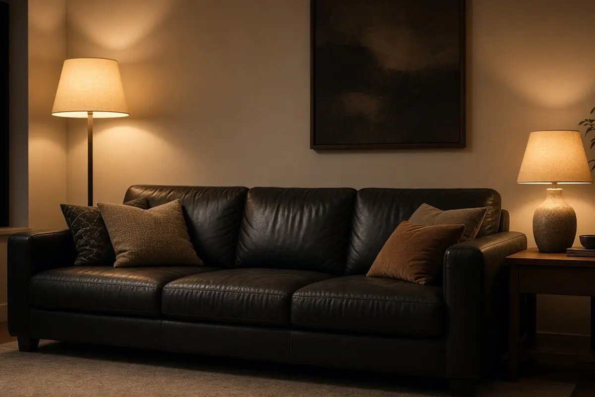 Two warm lamps lighting a black and beige living room at night