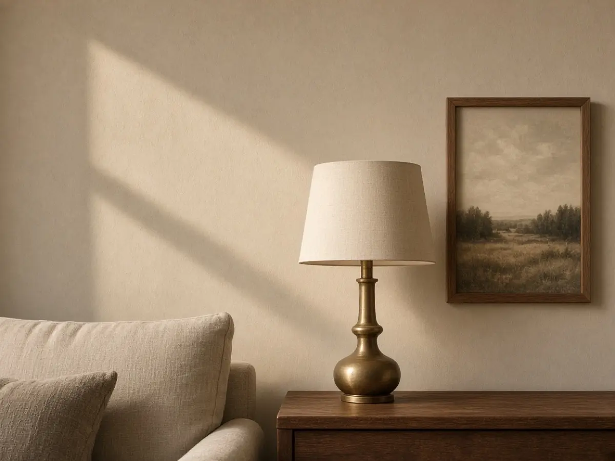 A brass lamp base and a wood picture frame on a beige wall