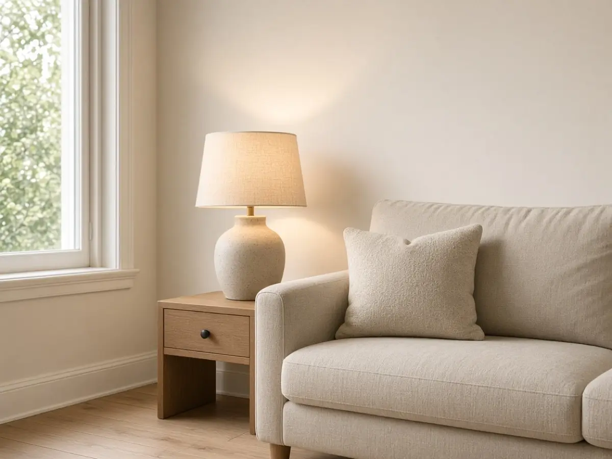 A ceramic table lamp with a cream shade glowing warm beside an oatmeal sofa