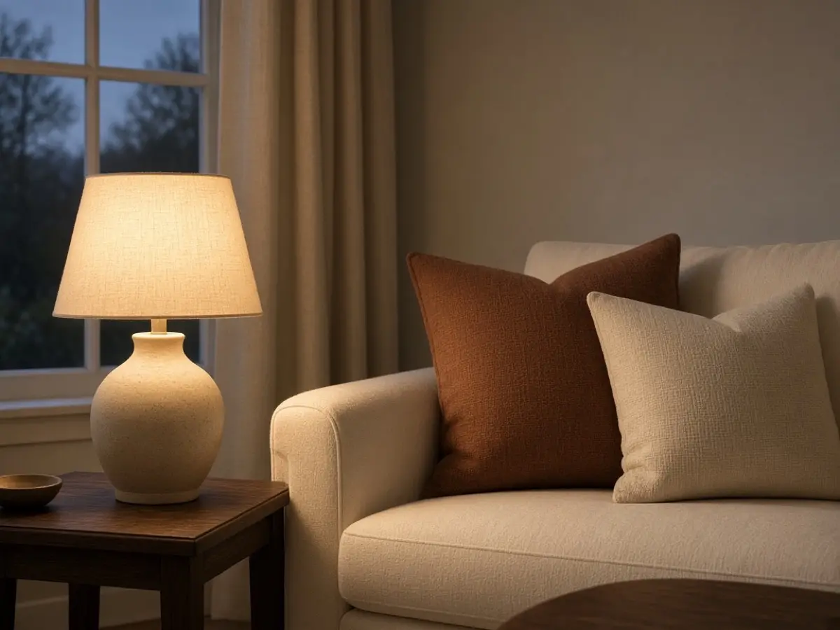 A table lamp with a warm glow beside a cream sofa at dusk