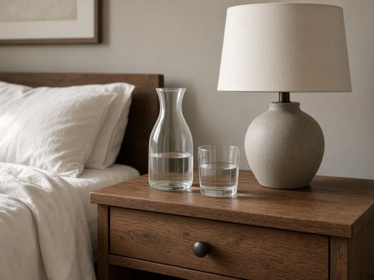 A small carafe and a glass on a nightstand beside the lamp