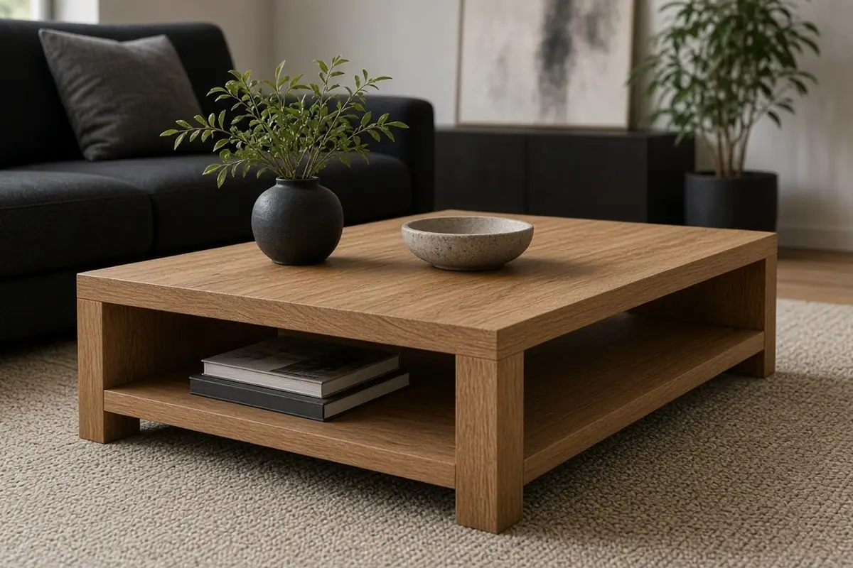 Oak coffee table between a black sofa and beige rug