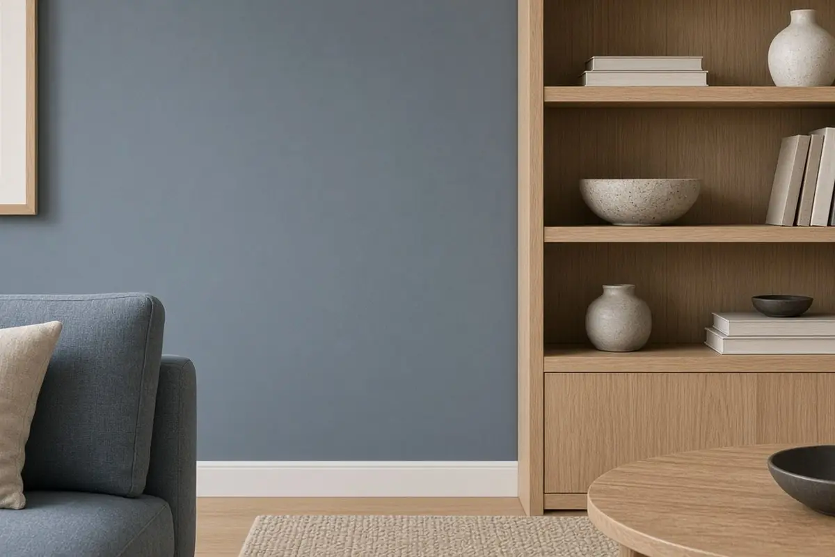 Blue gray living room wall beside a light oak shelf