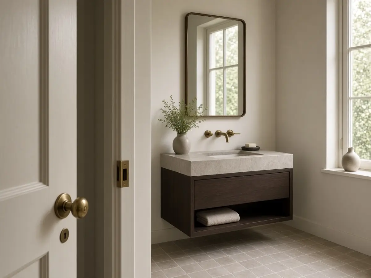 A powder room door slightly open, with a simple lock on the knob