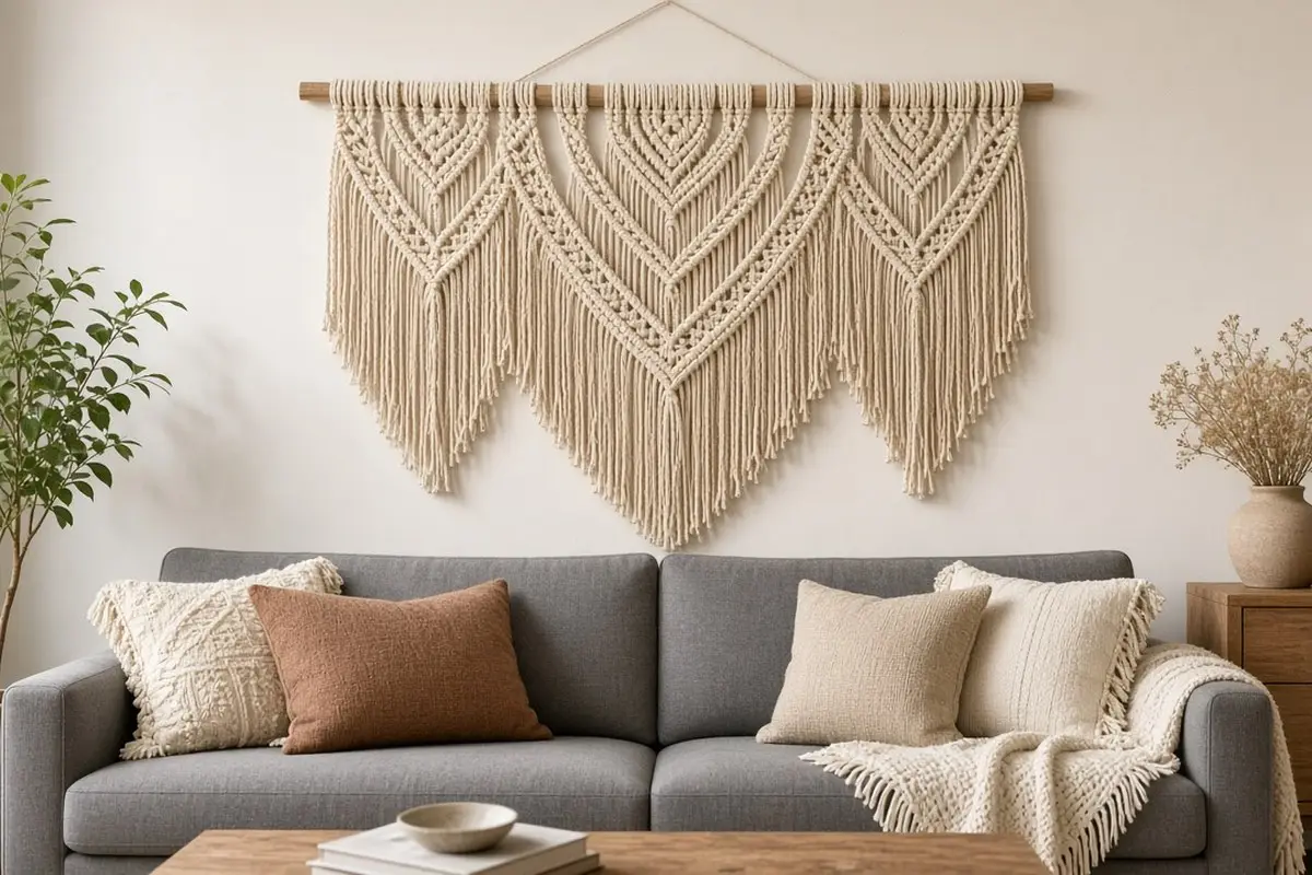 Large cream woven wall hanging above a gray sofa